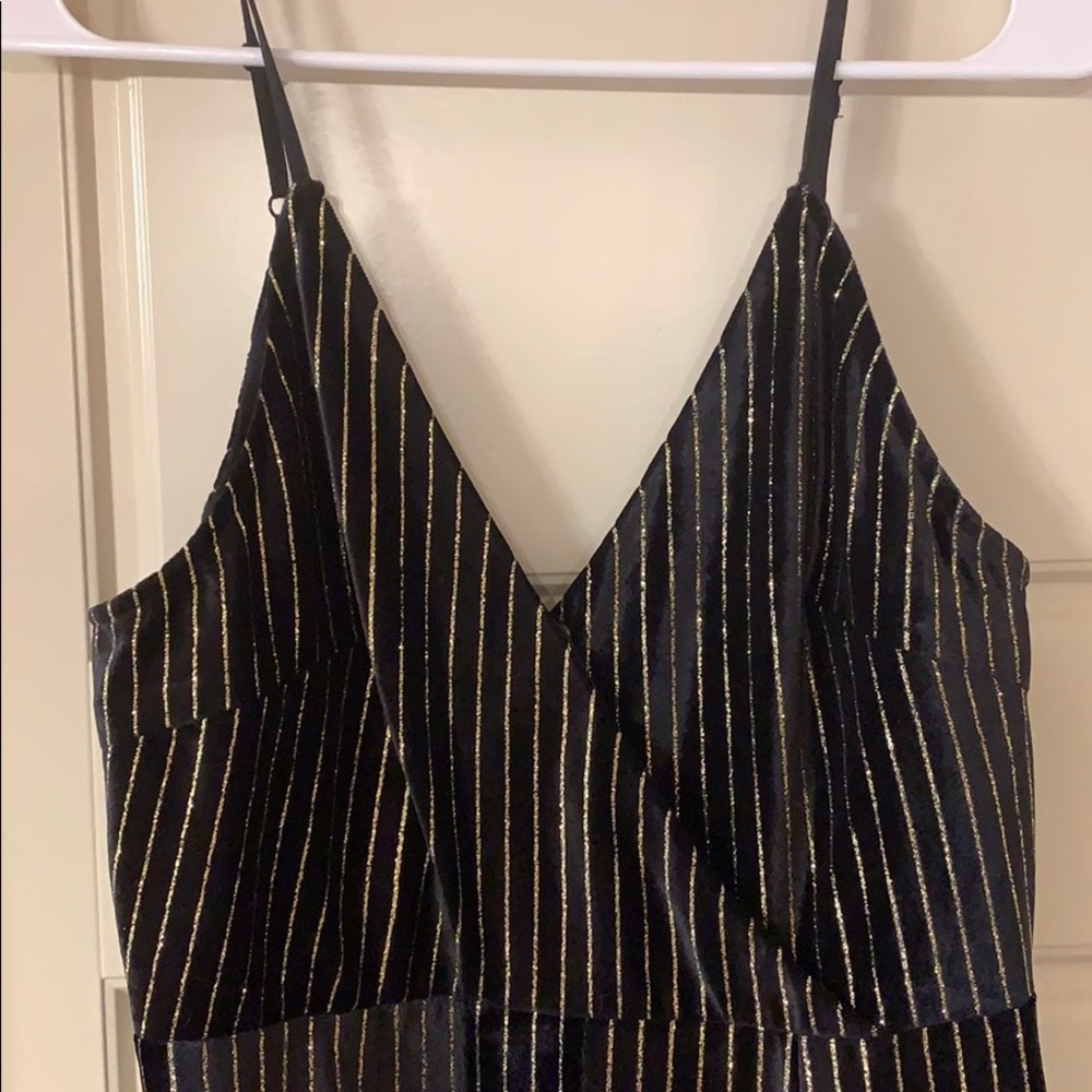 Black velvet with gold pinstripe jumpsuit